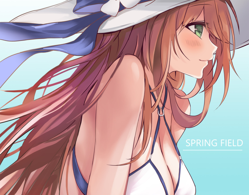 1girl aqua_background bangs bikini blush breasts brown_hair character_name cleavage closed_mouth from_side girls_frontline gradient gradient_background green_eyes halter_top halterneck hat highres large_breasts long_hair m1903_springfield_(girls_frontline) o-ring_bikini profile smile snowru solo sun_hat swimsuit upper_body white_bikini white_hat