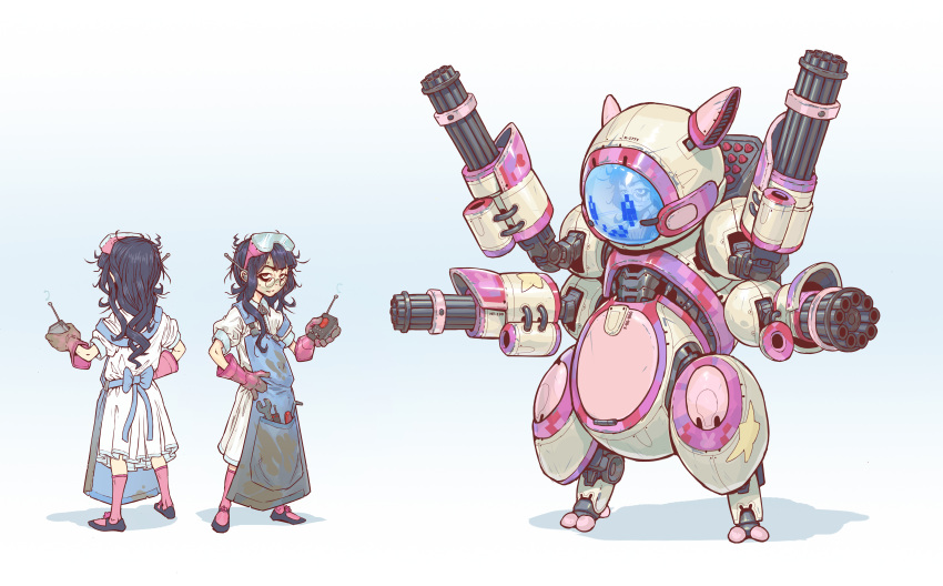 1girl :3 absurdres allen_wrench apron bags_under_eyes black_hair blue_background blue_ribbon buttons controller display dress earpiece from_behind gatling_gun glasses gloves goggles goggles_on_head gradient gradient_background grease gun hand_on_hip highres holding long_hair looking_at_viewer mecha messy_hair minigun missile_pod multiple_views original piloting pink_legwear remote_control ribbon richard_carey screwdriver shadow simple_background socks stain star sweat weapon white_background white_dress wrench zipper