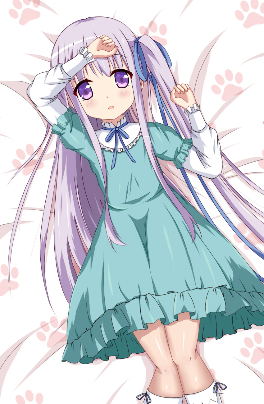 1girl arm_on_head arm_up bed blue_dress dress gotou_jun highres kneehighs long_hair lying on_back one_side_up open_mouth purple_hair ribbon side_ponytail solo tenshi_no_3p! very_long_hair violet_eyes white_legwear xiaosamiao