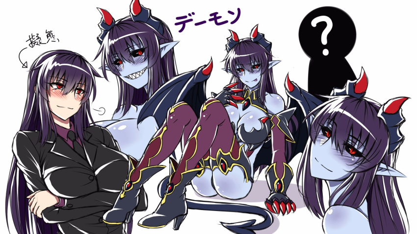 1girl :q alternate_costume alternate_skin_color ass bare_shoulders black_ black_sclera blue_skin blush boots breast_hold breasts cleavage commentary_request crossed_arms demon_(monster_girl_encyclopedia) demon_girl demon_horns demon_tail demon_wings elbow_gloves evil_grin evil_smile eyebrows_visible_through_hair formal gloves grin hair_between_eyes high_heel_boots high_heels highres horns large_breasts long_hair looking_at_viewer monster_girl_encyclopedia multiple_views pointy_ears purple_hair red_eyes sanmotogoroo sharp_teeth simple_background sitting sketch slit_pupils smile suit tail teeth thigh-highs thigh_boots tongue tongue_out translation_request white_background wings