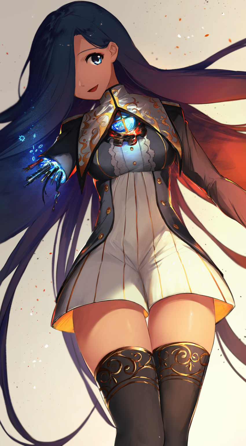 1girl absurdres black_hair black_legwear blue_eyes breasts cyborg dress gradient_hair hair_over_one_eye highres hoojiro legs_together long_hair looking_at_viewer medium_breasts multicolored_hair open_mouth original parts_exposed redhead science_fiction smile solo thigh-highs thighs uniform very_long_hair white_dress zettai_ryouiki