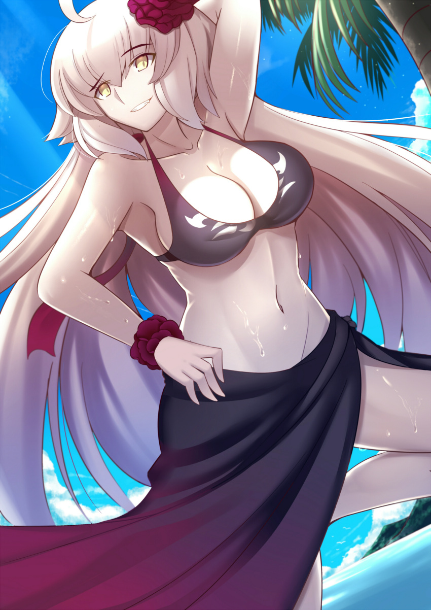 1girl bird bracelet breasts clouds dutch_angle eyebrows_visible_through_hair fate/grand_order fate_(series) flower hair_flower hair_ornament highres jeanne_alter jewelry large_breasts looking_up navel pale_skin palm_tree ruler_(fate/apocrypha) sarong sky smile solo standing standing_on_one_leg tree water wet yellow_eyes