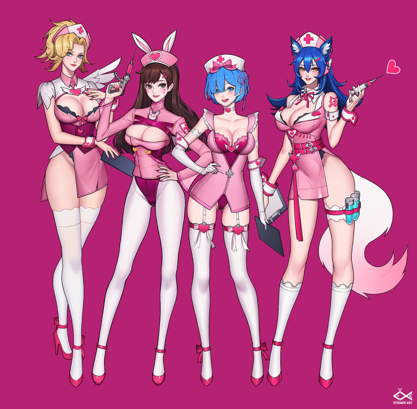 3girls 4girls :d ahri alternate_costume animal_ears animal_print arm_at_side arm_strap arm_tattoo artist_name bangs bare_shoulders belt blonde_hair blue_eyes blue_hair blunt_bangs blush bow bow_legwear breasts brown_eyes brown_hair bunny_print choker citemer cleavage cleavage_cutout clipboard closed_mouth collarbone collared_dress commentary contrapposto corset cowboy_shot cross cross_print crossover d.va_(overwatch) detached_collar dress elbow_gloves english eyelashes eyes_visible_through_hair facepaint facial_mark fake_animal_ears fingernails fish flipped_hair fox_ears fox_tail full_body garter_straps gloves gluteal_fold gradient groin hair_between_eyes hair_bow hair_ornament hair_over_one_eye hair_ribbon hairclip hairpin hand_on_hip hand_on_hips hand_on_own_chest hand_up hat headphones heart heart_choker heart_hair_ornament high_collar high_heels high_ponytail highleg highres hips holding holding_clipboard holding_syringe kneehighs lace lace-trimmed_legwear large_breasts league_of_legends leg_garter leg_ribbon legs legs_apart legs_together leotard lips lipstick logo long_fingernails long_hair long_sleeves looking_at_viewer makeup medium_breasts mercy_(overwatch) multiple_crossover multiple_girls nail_polish neck_ribbon nose nurse nurse_cap open_mouth overwatch pantyhose parted_bangs parted_lips patch pink_background pink_belt pink_bow pink_dress pink_hat pink_lips pink_lipstick pink_nails pink_ribbon pink_shoes ponytail purple_background purple_ribbon rabbit_ears re:zero_kara_hajimeru_isekai_seikatsu red_cross red_leotard red_nails rem_(re:zero) ribbon round_teeth shoes short_dress short_hair short_ponytail short_wings shoulder_pads side_slit sidelocks signature simple_background single_wing skindentation sleeveless sleeveless_dress smile standing strapless strapless_leotard strappy_heels swept_bangs syringe tail tassel tattoo taut_clothes taut_dress teeth test_tube thigh-highs thigh_strap thighs upper_teeth watermark whisker_markings white_bow white_choker white_gloves white_legwear white_wings wing_collar wings wrist_cuffs x_hair_ornament yellow_eyes