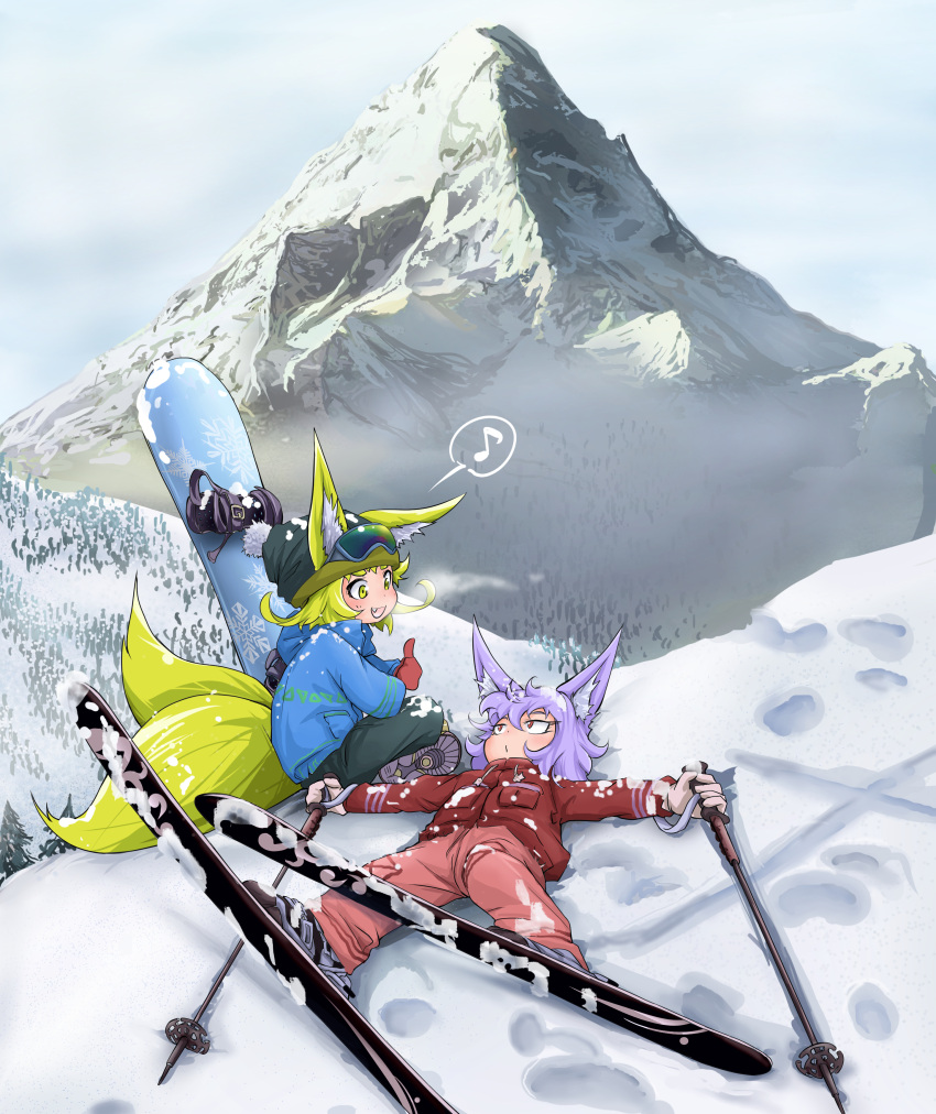 2girls absurdres animal_ears beanie blonde_hair boots breath child doitsuken fang forest fox_ears fox_girl fox_tail hat highres landscape looking_at_another lying mountain multiple_girls multiple_tails nature open_mouth original pants purple_fur purple_hair red_eyes red_pants scenery sitting skis slit_pupils snow snowboard tail thumbs_up yellow_eyes yellow_fur