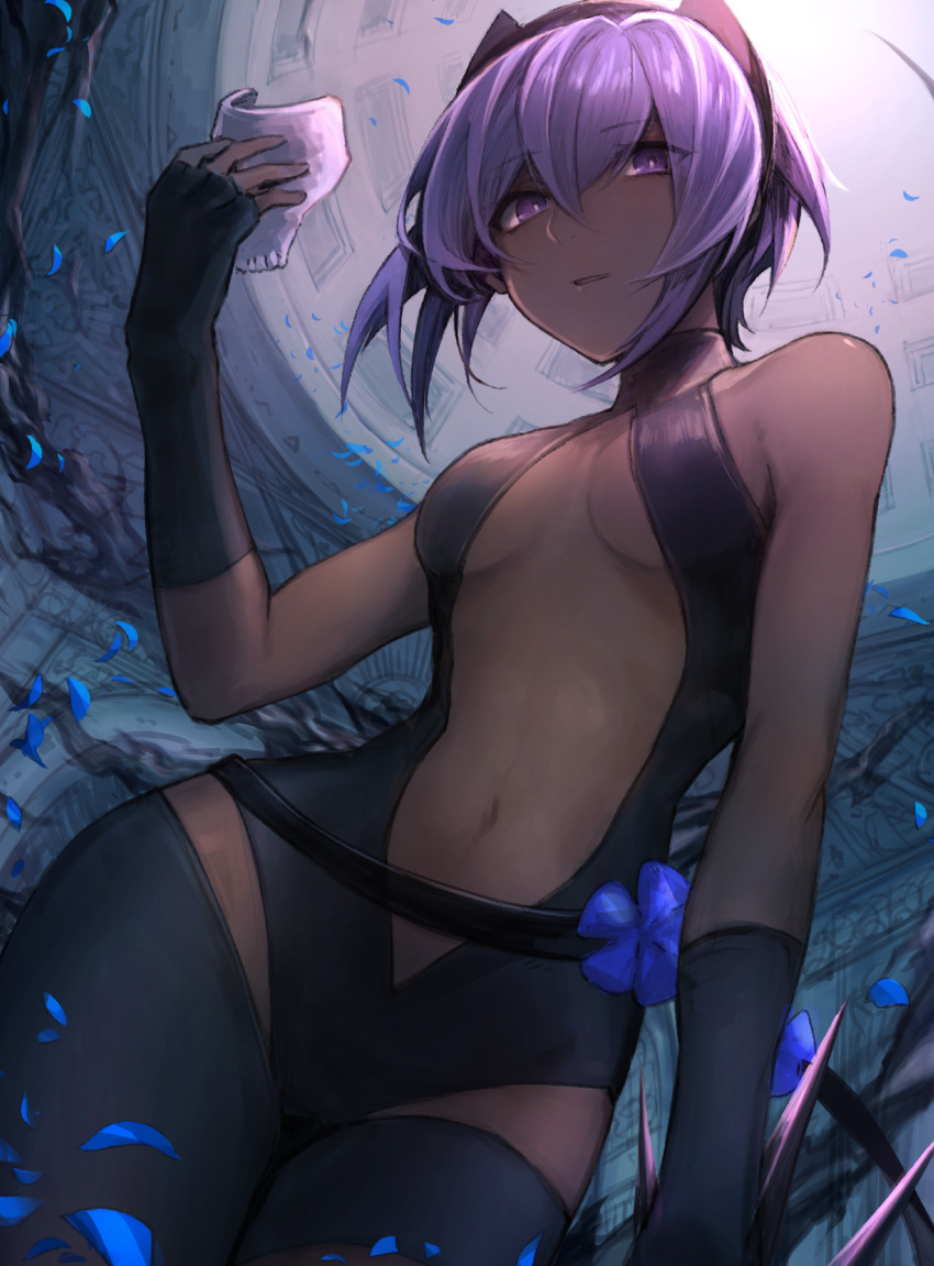 1girl assassin_(fate/prototype_fragments) bare_shoulders black_legwear blue_flower breasts dark_skin eyebrows_visible_through_hair fate/prototype fate/prototype:_fragments_of_blue_and_silver fate_(series) hairband highres looking_at_viewer mask mask_removed medium_breasts mephist-pheles navel purple_hair short_hair solo thigh-highs violet_eyes