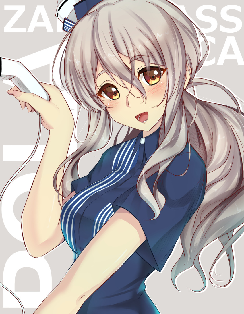 10s 1girl barcode_scanner brown_eyes employee_uniform grey_hair hat highres kantai_collection lawson long_hair open_mouth pola_(kantai_collection) sazamiso_rx smile solo uniform wavy_hair