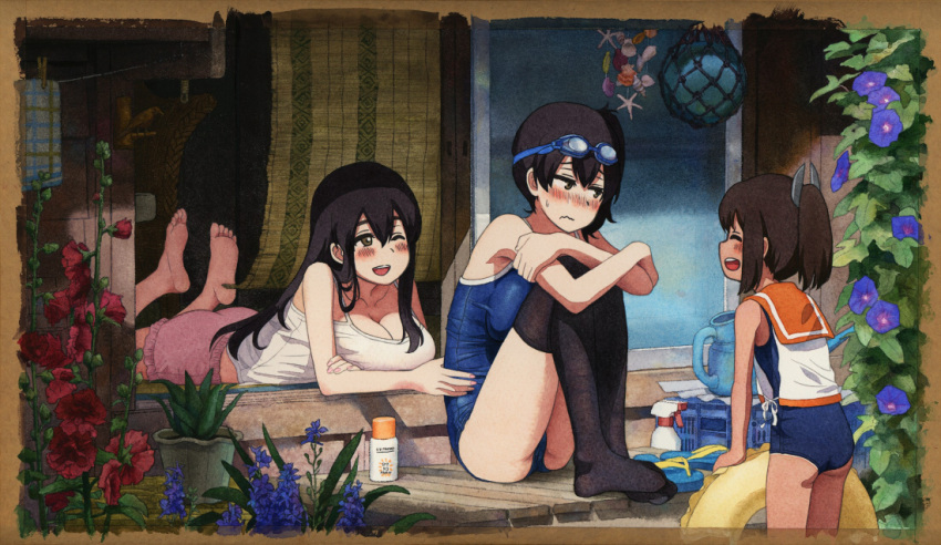 10s 3girls ;d ^_^ ^o^ akagi_(kantai_collection) aloe_(plant) bamboo_screen barefoot black_legwear blue_swimsuit blush bottle breast_press breast_rest breasts brown_border brown_eyes brown_hair camisole cleavage closed_eyes clothes_pin clothesline collarbone commentary_request feet feet_together feet_up flip-flops flower glass_float goggles goggles_on_head hair_between_eyes hair_ornament i-401_(kantai_collection) innertube kaga_(kantai_collection) kantai_collection large_breasts leg_hug long_hair looking_at_another looking_away looking_to_the_side lotion_bottle lying morning_glory multiple_girls no_shoes nose_blush on_floor on_stomach one_eye_closed open_mouth pink_shorts ponytail purple_flower red_flower sailor_collar sailor_shirt sandals sandals_removed school_swimsuit seashell shell shijukara_(great_tit) shirt short_hair shorts side_ponytail sitting sleeveless sleeveless_shirt smile soles spaghetti_strap spray_bottle standing summer swimsuit swimsuit_under_clothes tan teeth thigh-highs toes traditional_media veranda watering_can wavy_mouth