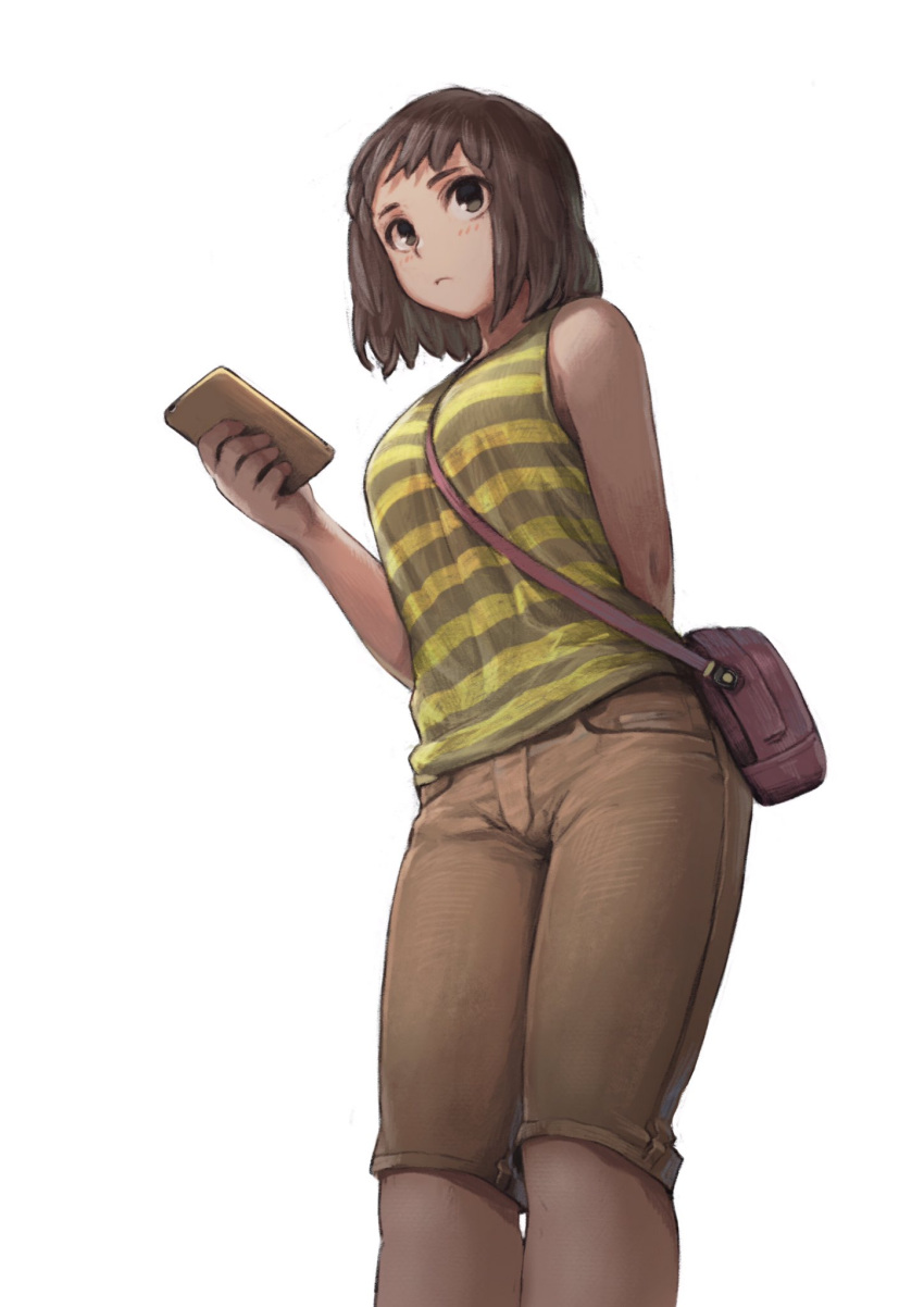 1girl :c arm_behind_back arm_up bag brown_hair brown_pants closed_mouth commentary_request green_eyes highres holding holding_phone horizontal_stripes jun_(seojh1029) light_brown_pants looking_afar pants phone shirt shoulder_bag simple_background sleeveless sleeveless_shirt solo standing striped striped_shirt white_background