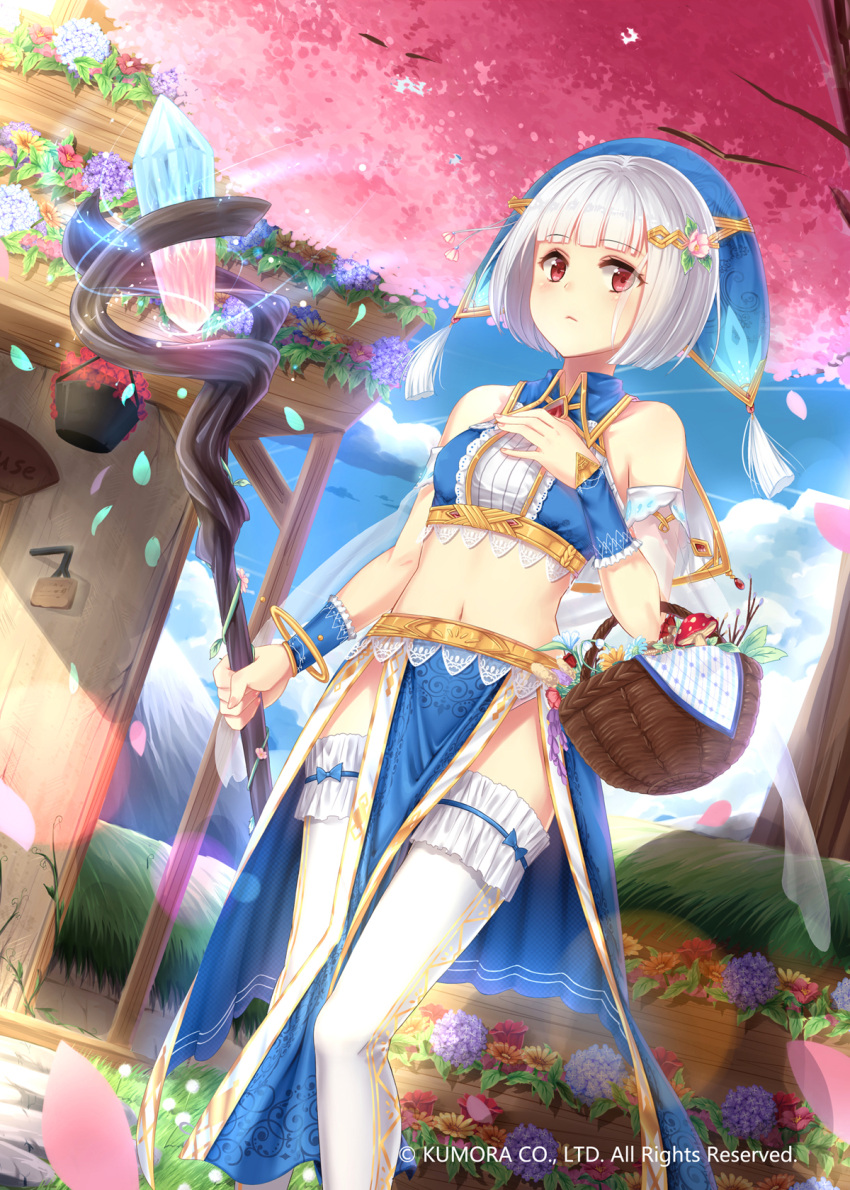 1girl bracelet cherry_blossoms crop_top day dutch_angle eyebrows_visible_through_hair garters highres holding holding_staff jewelry luoxuan_jingjie_xian maya_g midriff navel outdoors red_eyes short_hair silver_hair solo staff standing stomach thigh-highs tree white_legwear wrist_cuffs