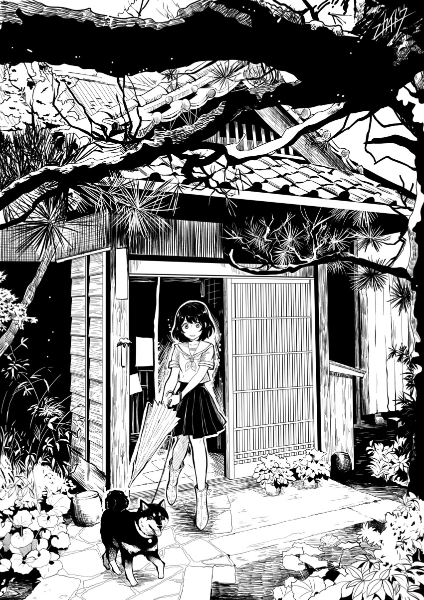 1girl :d architecture boots branch commentary_request dog east_asian_architecture greyscale highres holding holding_umbrella japanese_house leaf leash looking_down monochrome nikaidou_kou open_door open_mouth original pot school_uniform short_hair skirt smile tree umbrella
