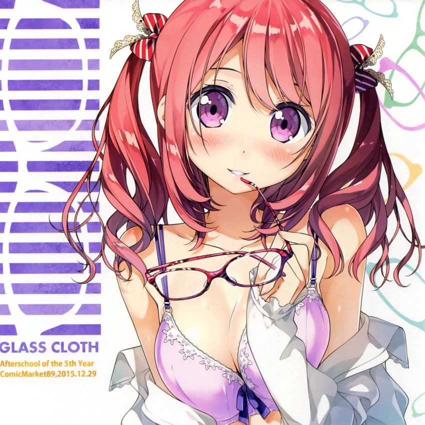 1girl absurdres bangs bare_shoulders blue_bow blush bow bow_bra bra breasts cleavage collarbone collared_shirt cropped dress_shirt glasses hair_bow hand_up highres holding holding_glasses kantoku kurumi_(kantoku) long_hair looking_at_viewer medium_breasts off_shoulder open_clothes open_shirt original parted_lips pink_hair pink_lips purple_bra red_bow scan shirt smile solo spaghetti_strap striped striped_bow teeth underwear violet_eyes white_shirt
