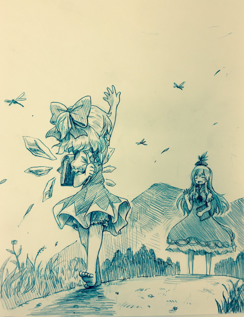 2girls arinu backpack bag barefoot bloomers book bow cirno closed_eyes commentary dragonfly dress hair_bow hat highres ice ice_wings insect kamishirasawa_keine long_hair monochrome mountain multiple_girls outdoors puffy_short_sleeves puffy_sleeves short_dress short_hair short_sleeves smile standing touhou traditional_media underwear walking waving wind wings