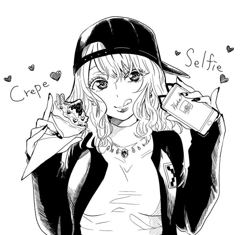 1girl :q baseball_cap breasts caption close-up commentary_request crepe earrings english food hat heart highres holding holding_food holding_phone jacket jewelry looking_at_viewer medium_breasts medium_hair necklace nikaidou_kou phone shirt simple_background solo tongue tongue_out white_background