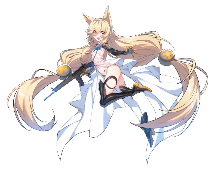1girl animal_ears assault_rifle barcode barcode_tattoo black_boots black_legwear blonde_hair blue_eyes boots dress elbow_gloves eyebrows_visible_through_hair fang flower from_side full_body g41_(girls_frontline) girls_frontline gloves gun h&amp;k_g41 hair_between_eyes heckler_&amp;_koch heterochromia high_heel_boots high_heels highres holding holding_gun holding_weapon long_hair looking_at_viewer low-tied_long_hair low_twintails mismatched_legwear navel one_leg_raised open_mouth outstretched_arm panties red_eyes rifle see-through simple_background sleeveless sleeveless_dress solo supernew tattoo thigh-highs thigh_boots thigh_strap trigger_discipline twintails underwear very_long_hair weapon white_background white_legwear white_panties