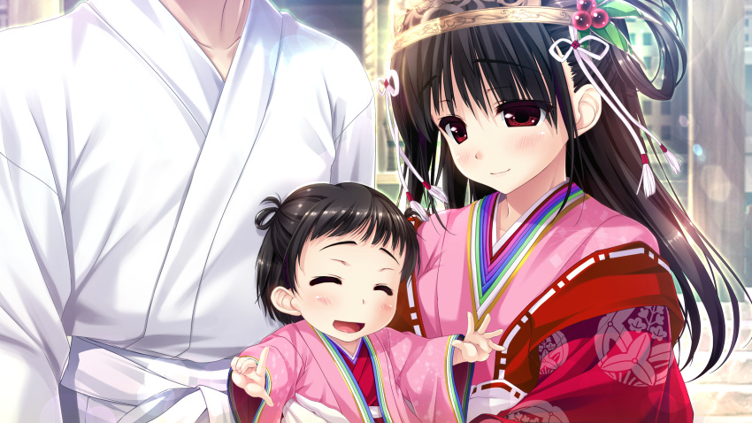 1boy 2girls baby black_hair blush carrying_under_arm closed_eyes game_cg haruru_minamo_ni! headdress highres long_hair long_sleeves multiple_girls official_art open_mouth red_eyes shintarou short_hair smile yamagami_miori