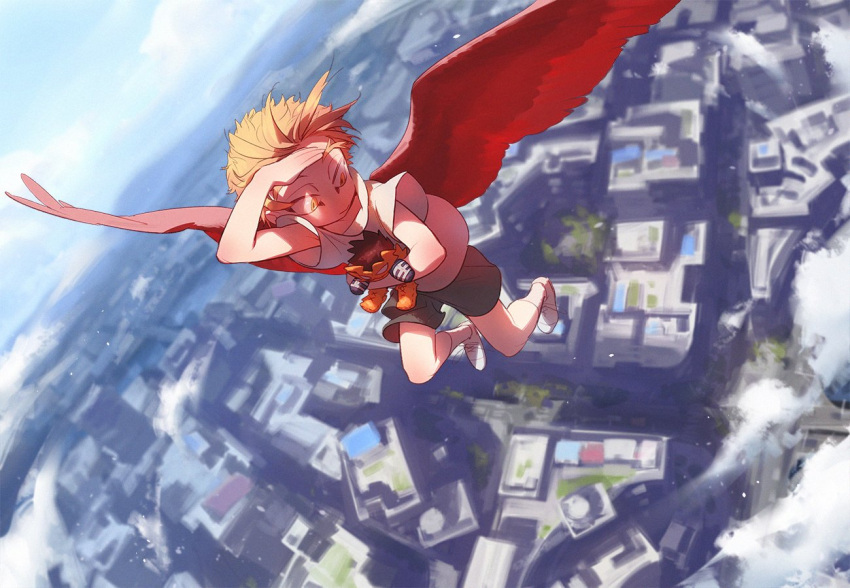 1boy age_regression blonde_hair boku_no_hero_academia child cityscape clouds cloudy_sky commentary_request fukurau hawks_(boku_no_hero_academia) looking_down male_focus red_wings sky solo stuffed_toy wings younger