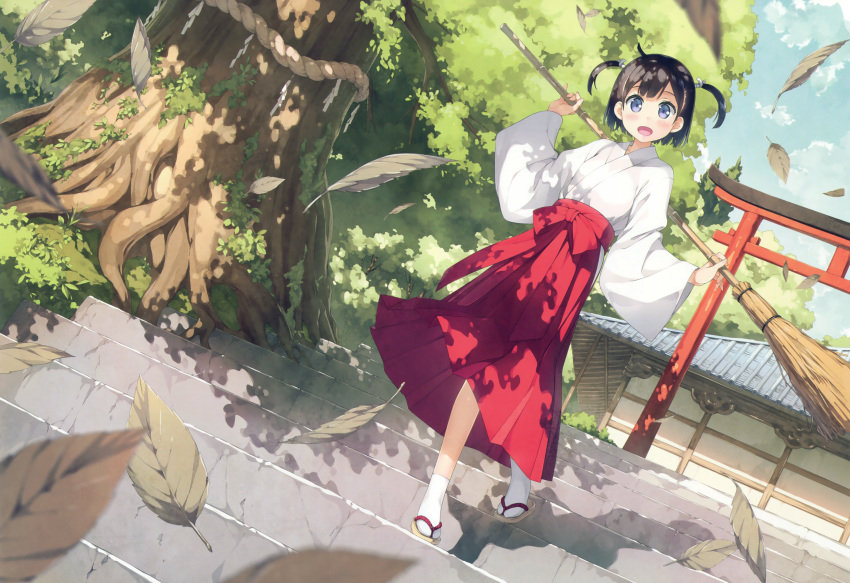 1girl :d absurdres ahoge bamboo_staff behind_back black_eyes black_hair blue_eyes blue_sky blush bow building clouds cloudy_sky collarbone cropped day dutch_angle falling_leaves feathers full_body hakama head_tilt highres hip_vent holding holding_staff huge_filesize japanese_clothes kantoku kimono leaf long_sleeves looking_at_viewer miko open_mouth original outdoors petals plant red_bow red_hakama rope sandals scan short_twintails shrine sky smile socks solo staff stairs standing stone_stairs summer tareme torii tree twintails two_side_up white_legwear wide_sleeves