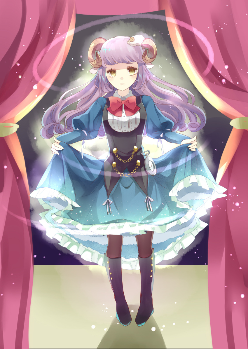 1girl absurdres animal_ears black_boots black_legwear boots bow bowtie brown_eyes curtains dress dress_lift full_body hair_ornament highres horns inside long_hair looking_at_viewer miracle_nikki pantyhose pocket_watch puffy_sleeves purple_hair red_bow red_bowtie sheep_ears sheep_hair_ornament sheep_horns siro_asterisk solo watch