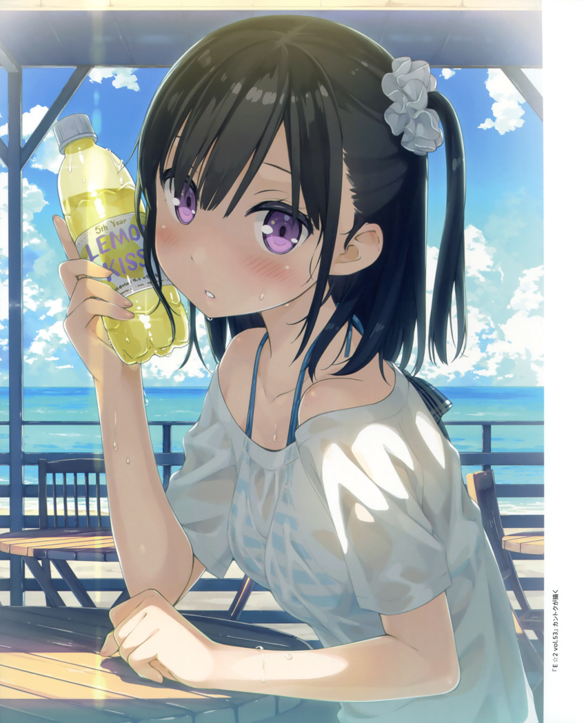 1girl absurdres bikini bikini_under_clothes black_hair blush bottle bottle_to_cheek breasts clouds cloudy_sky day from_side hair_ornament hair_scrunchie hand_up highres holding holding_bottle kantoku looking_at_viewer ocean off-shoulder_shirt one_side_up original outdoors parted_lips scan scrunchie see-through shirt shizuku_(kantoku) sitting sky small_breasts solo striped striped_bikini sweat swimsuit teeth water water_bottle wet wet_clothes wet_shirt