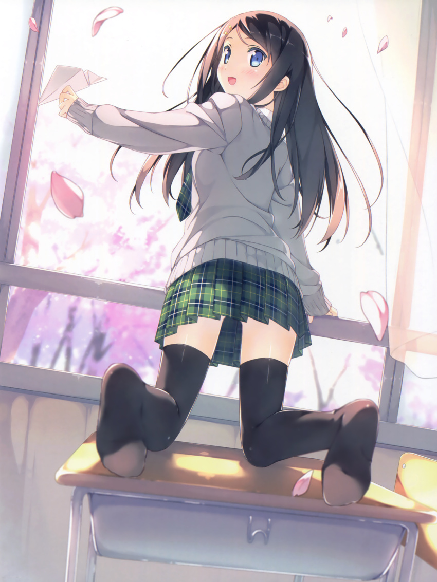 1girl :d absurdres back black_hair black_legwear blue_eyes blush cardigan cherry_blossoms cropped day desk door eyebrows_visible_through_hair from_behind green_skirt grey_cardigan hair_ornament hairclip hand_up highres holding indoors kantoku kneeling long_hair looking_at_viewer looking_back miyaguchi_hiromi necktie on_desk open_mouth original paper_airplane petals plaid plaid_necktie plaid_skirt pleated_skirt scan school_desk school_uniform skirt sleeves_past_wrists smile solo thigh-highs