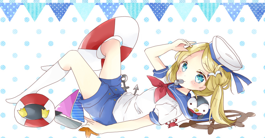 1girl anchor anchor_print bare_arms bird blonde_hair blue_eyes blue_shorts blush boat commentary_request crab eyebrows_visible_through_hair from_side hair_ornament hat highres kneehighs legs_up lifebuoy looking_at_viewer looking_to_the_side lying mouth_hold neckerchief no_shoes on_back one_side_up original penguin polka_dot polka_dot_background red_neckerchief sailboat sailor sailor_hat ship's_wheel shirt short_sleeves shorts smile solo starfish tsukiyo_(skymint) watercraft whistle white_legwear white_shirt