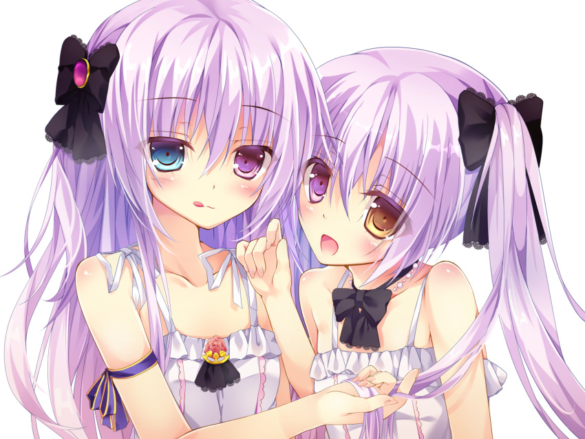 2girls :d ;q arm_ribbon bangs bare_arms bare_shoulders bead_necklace beads black_bow black_bowtie blue_eyes blush bow bowtie breasts collarbone dress eyebrows_visible_through_hair fingernails gem hair_between_eyes hair_bow hair_ornament hand_in_another's_hair hand_up heterochromia highres jewelry kinokomushi licking_lips long_fingernails long_hair looking_at_viewer multiple_girls nail_polish necklace one_eye_closed open_mouth original pink_nails purple_ribbon ribbon side-by-side sleeveless sleeveless_dress smile tongue tongue_out transparent_background twintails upper_body violet_eyes white_dress yellow_eyes