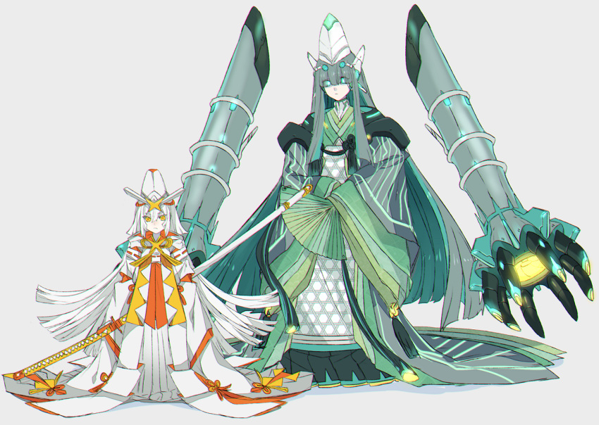 +_+ 2girls aqua_eyes celesteela commentary_request fan folding_fan green_eyes japanese_clothes kartana katagiri_hachigou katana kimono legendary_pokemon long_hair multiple_girls personification pokemon pokemon_(game) pokemon_sm simple_background sword ultra_beast weapon white_hair wide_sleeves yellow_eyes