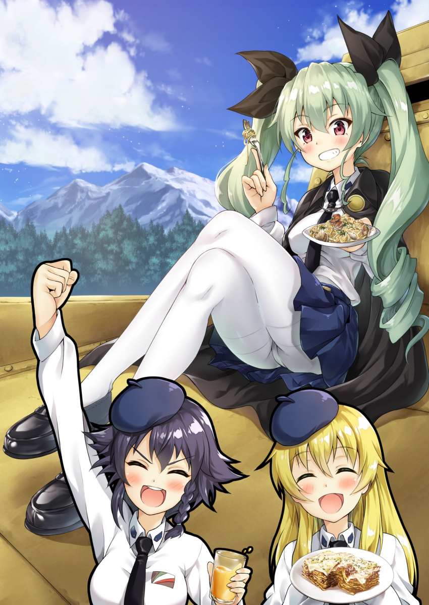 anchovy anzio_school_uniform beret black_hair black_shoes black_skirt blonde_hair cape capelet carpaccio drill_hair food girls_und_panzer green_hair hat highres loafers long_hair miniskirt mountain pantyhose pasta pepperoni_(girls_und_panzer) pleated_skirt red_eyes satoutakahumi shirt shoes short_hair skirt spaghetti twin_drills twintails white_legwear white_shirt