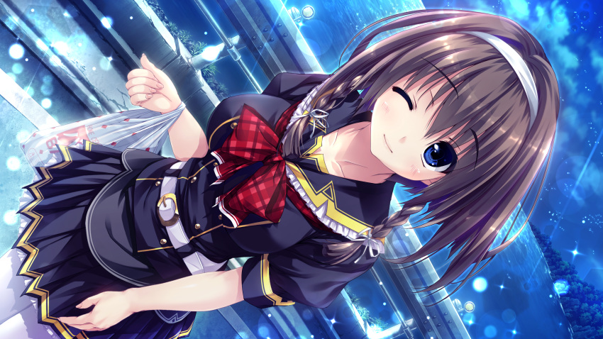 bag braid brown_hair carrying dutch_angle front_braid game_cg hairband haruru_minamo_ni! highres long_hair looking_at_viewer matsufusa_ema night official_art one_eye_closed outdoors pleated_skirt school_uniform shintarou shopping_bag short_sleeves skirt smile twin_braids white_legwear