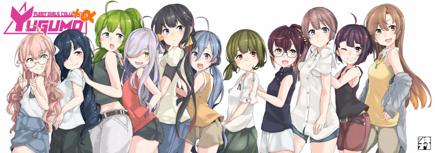 10s 6+girls absurdres ahoge akigumo_(kantai_collection) alternate_costume alternate_hairstyle asashimo_(kantai_collection) belt black_hair blue-framed_eyewear blue_eyes brown_hair casual character_name commentary_request contemporary fujinami_(kantai_collection) glasses green_eyes green_hair grey_eyes grey_hair hair_bun hair_over_one_eye hayashimo_(kantai_collection) highres kantai_collection kazagumo_(kantai_collection) kirishina_(raindrop-050928) kiyoshimo_(kantai_collection) long_hair looking_at_viewer makigumo_(kantai_collection) mole mole_under_mouth multicolored_hair multiple_girls naganami_(kantai_collection) okinami_(kantai_collection) one_eye_closed open_mouth pink_hair ponytail red_eyes sharp_teeth short_hair shorts silver_hair simple_background smile takanami_(kantai_collection) teeth two-tone_hair wavy_hair white_background yellow_eyes yuugumo_(kantai_collection)