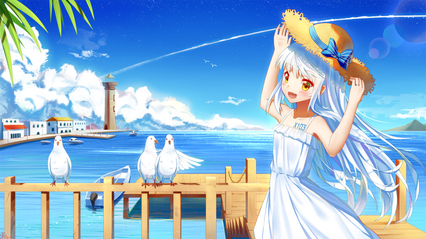 1girl bird blue_bow blue_ribbon blush bow eyebrows_visible_through_hair hat hat_bow hat_ribbon highres ji_dao_ji long_hair looking_at_viewer open_mouth ribbon seagull silver_hair smile solo sun_hat yellow_eyes