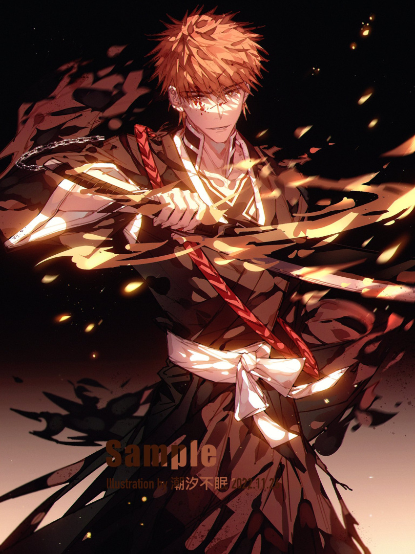 1boy black_hakama bleach chaoxibumian commission cowboy_shot english_commentary hakama highres holding holding_sword holding_weapon japanese_clothes kurosaki_ichigo long_sleeves looking_at_viewer male_focus orange_hair parted_lips solo spiky_hair standing sword weapon