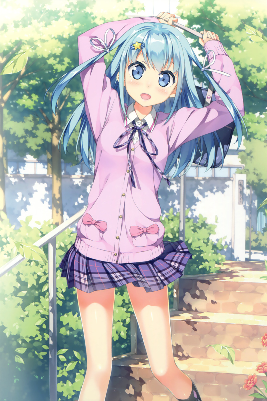 1girl :d absurdres arms_up bag bangs black_legwear blue_eyes blue_hair blush bow bush buttons cardigan character_request cowboy_shot cropped day eyebrows_visible_through_hair flower hair_ornament hairclip highres holding holding_bag kantoku kneehighs leaf legs_apart long_hair long_sleeves miniskirt neck_ribbon open_mouth original outdoors pink_bow plaid plaid_ribbon plaid_skirt pleated_skirt ribbon scan school_bag school_uniform skirt sleeves_past_wrists smile solo stairs standing star star_hair_ornament tree