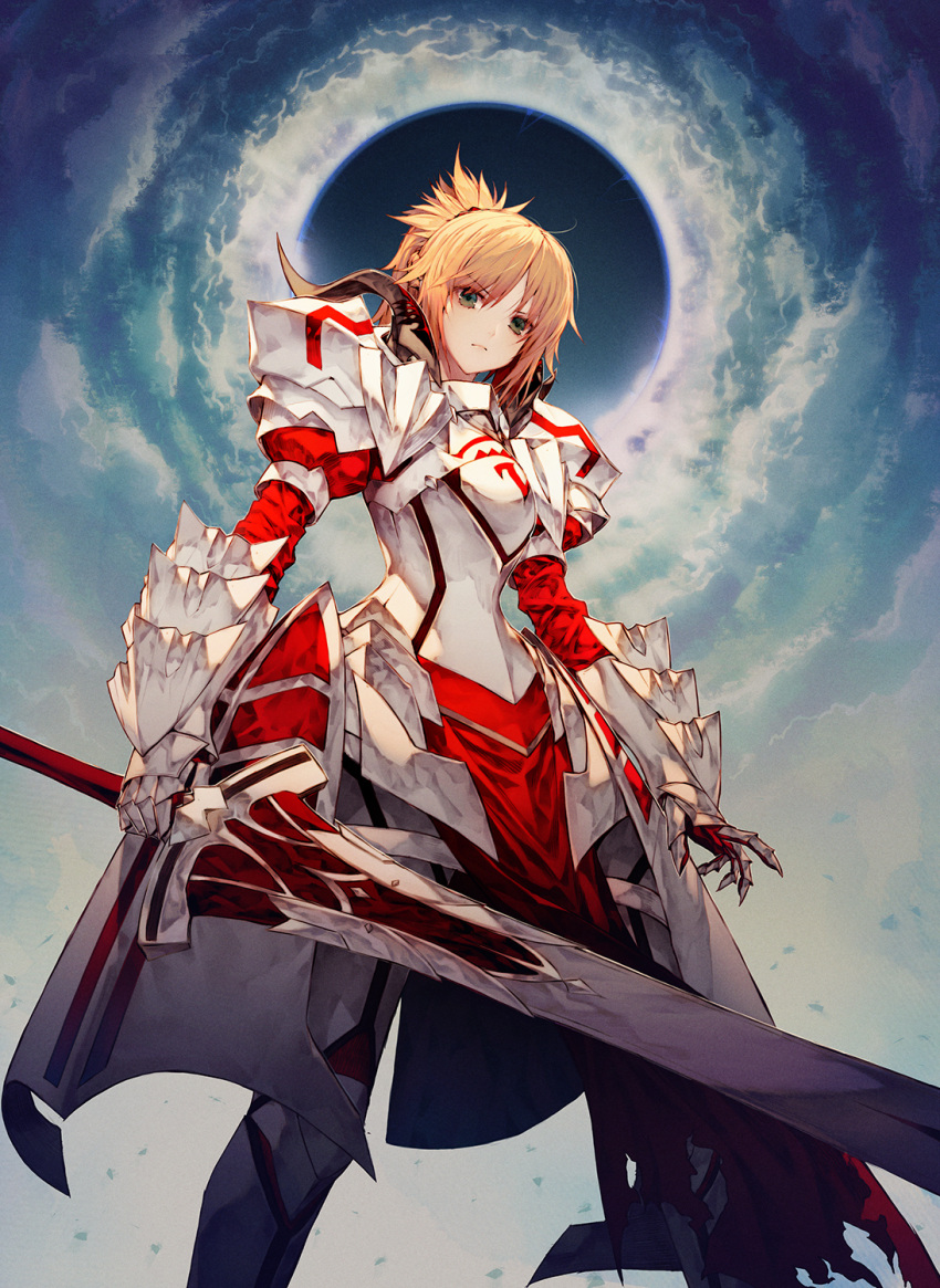 1girl armor bangs blonde_hair breastplate clarent closed_mouth eclipse eyebrows_visible_through_hair fate/apocrypha fate_(series) faulds from_below gauntlets green_eyes highres holding holding_sword holding_weapon legs_apart looking_at_viewer pauldrons ponytail saber_of_red serious sidelocks solo standing sword wanke weapon