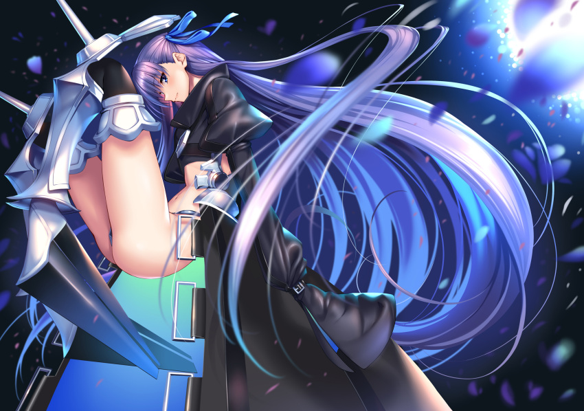 1girl armor armored_boots ass blue_eyes blush boots commentary_request crotch_plate fate/grand_order fate_(series) hair_ribbon highres long_hair long_sleeves looking_at_viewer meltlilith piromizu puffy_sleeves purple_hair revealing_clothes ribbon solo thigh-highs very_long_hair