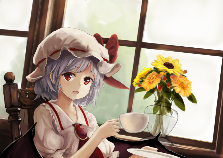 1girl bat_wings blue_hair brooch chair commentary cup flower hat hat_ribbon indoors jewelry looking_at_viewer mob_cap puffy_short_sleeves puffy_sleeves red_eyes red_ribbon remilia_scarlet ribbon short_sleeves solo sunflower teacup touhou vase window wings yukitourou