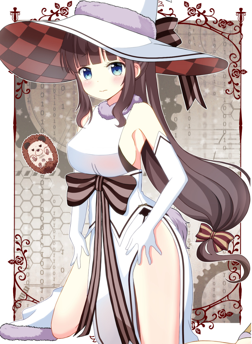 1girl animal bare_shoulders binary blue_eyes blush bow breasts brown_background brown_bow brown_hair closed_mouth commentary_request dress elbow_gloves eyebrows_visible_through_hair fur_collar fur_trim gloves hair_bow hands_on_own_legs hat hat_bow hedgehog highres kirara_fantasia kneeling large_breasts long_hair looking_at_viewer low-tied_long_hair new_game! pelvic_curtain ryoutan sidelocks sleeveless sleeveless_dress solo soujirou_(new_game!) striped striped_bow takimoto_hifumi very_long_hair wavy_mouth white_dress white_gloves white_hat witch_hat