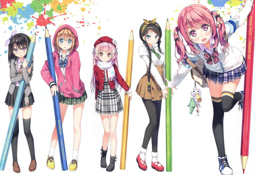 &gt;:d 5girls :d :o absurdres bag beret black_hair black_legwear blazer blonde_hair blue_eyes blue_hair blush braid chestnut_mouth colored_pencil cropped full_body hat highres hood hoodie jacket kantoku kurumi_(kantoku) leg_up long_hair looking_at_viewer miyaguchi_hiromi miyaguchi_kanna miyaguchi_kei multiple_girls necktie open_blazer open_clothes open_jacket open_mouth original pantyhose pencil pink_eyes pink_hair plaid plaid_necktie plaid_skirt pleated_skirt scan school_bag school_uniform shizuku_(kantoku) short_hair skirt smile socks standing thigh-highs twin_braids twintails white_legwear