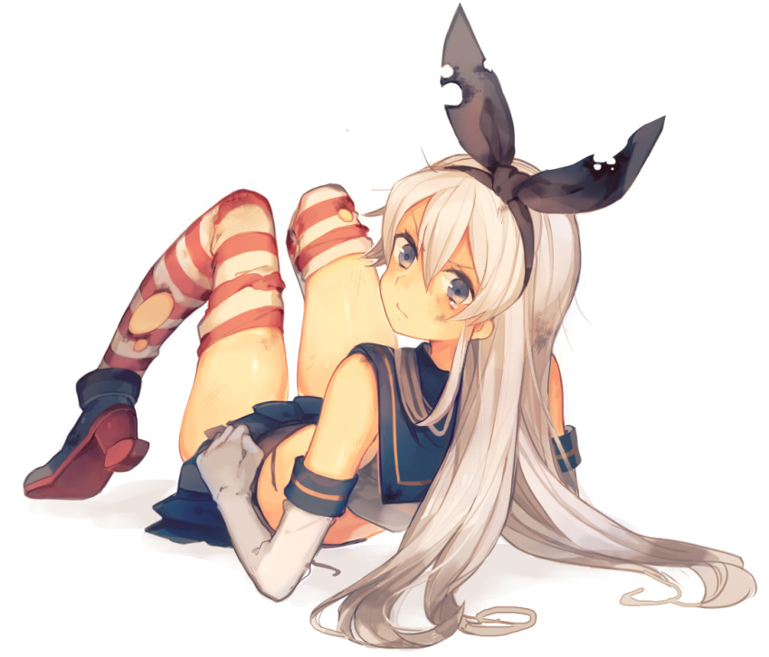 1girl alternate_hair_color blue_eyes dirty elbow_gloves from_behind gloves hairband kantai_collection long_hair looking_at_viewer lying microskirt on_back rom_(romshiro) school_uniform serafuku shimakaze_(kantai_collection) silver_hair simple_background skirt solo striped striped_legwear thigh-highs torn_clothes torn_thighhighs white_background white_gloves