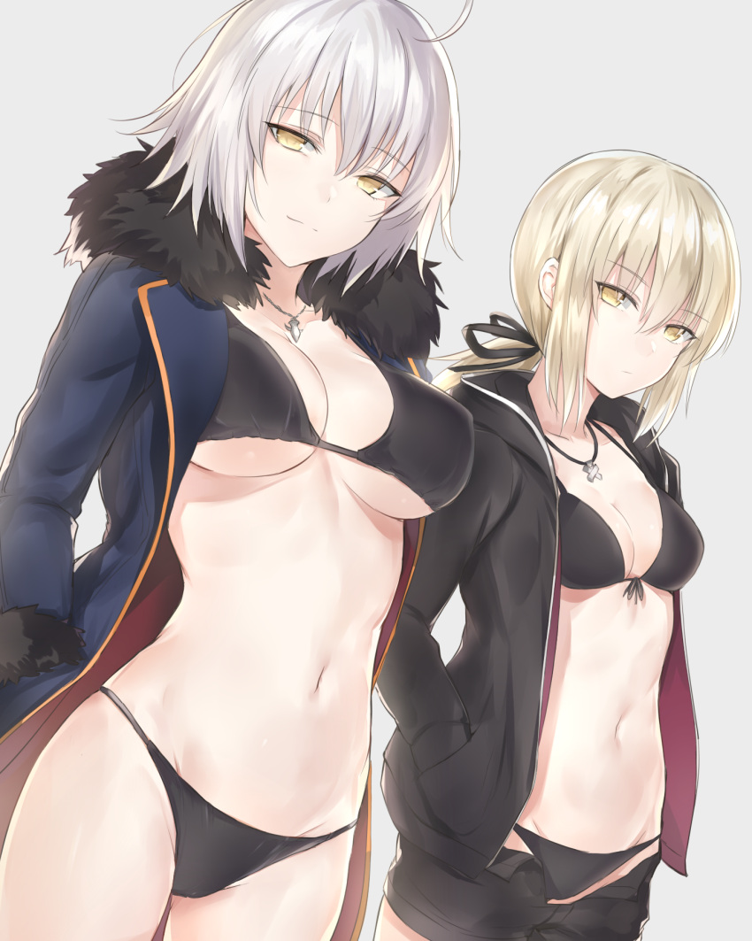 2girls ahoge bangs bikini bikini_under_clothes black_bikini black_jacket black_ribbon black_shorts blonde_hair blue_coat breasts cleavage coat collarbone expressionless fate/grand_order fate/stay_night fate_(series) fur-trimmed_coat fur_trim grey_background hair_ribbon hands_in_pockets highres hips hood hooded_jacket jacket jeanne_alter jewelry kyouki large_breasts long_hair looking_at_viewer multiple_girls navel necklace open_clothes open_coat open_jacket pendant ponytail ribbon ruler_(fate/apocrypha) saber saber_alter short_hair shorts silver_hair simple_background small_breasts smile swimsuit thighs waist yellow_eyes