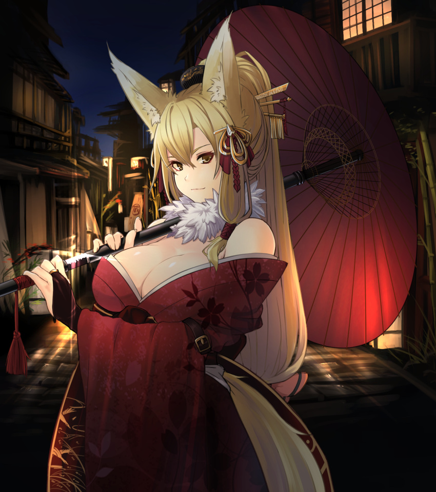 &gt;:) 1girl absurdres animal_ears bare_shoulders breasts bridal_gauntlets cleavage closed_mouth cowboy_shot floral_print fox_ears fox_girl fox_tail from_side fur_trim hair_between_eyes hair_ornament hair_ribbon hair_stick hair_tubes highres japanese_clothes kimono large_breasts long_hair long_sleeves looking_at_viewer looking_to_the_side night obi off_shoulder oriental_umbrella original outdoors ponytail ribbon sakura_inu sash smile solo tail umbrella very_long_hair wide_sleeves yellow_eyes