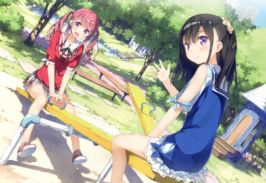 2girls :d absurdres bangs bare_arms bare_legs bare_shoulders bench black_hair black_ribbon blouse blue_dress blue_sky blunt_bangs blush building cropped day dirt dress dutch_angle eyebrows_visible_through_hair frills from_behind grass highres huge_filesize jewelry kantoku kurumi_(kantoku) lace looking_at_viewer looking_back miniskirt multiple_girls neck_ribbon necklace open_mouth original outdoors park pendant pink_hair plaid plaid_skirt playground ponytail red_shirt red_shoes ribbon sailor_dress scan school_uniform scrunchie seesaw shadow shirt shizuku_(kantoku) shoes short_sleeves sitting skirt sky smile sneakers spread_fingers stairs sunlight tree tree_shade twintails violet_eyes waving