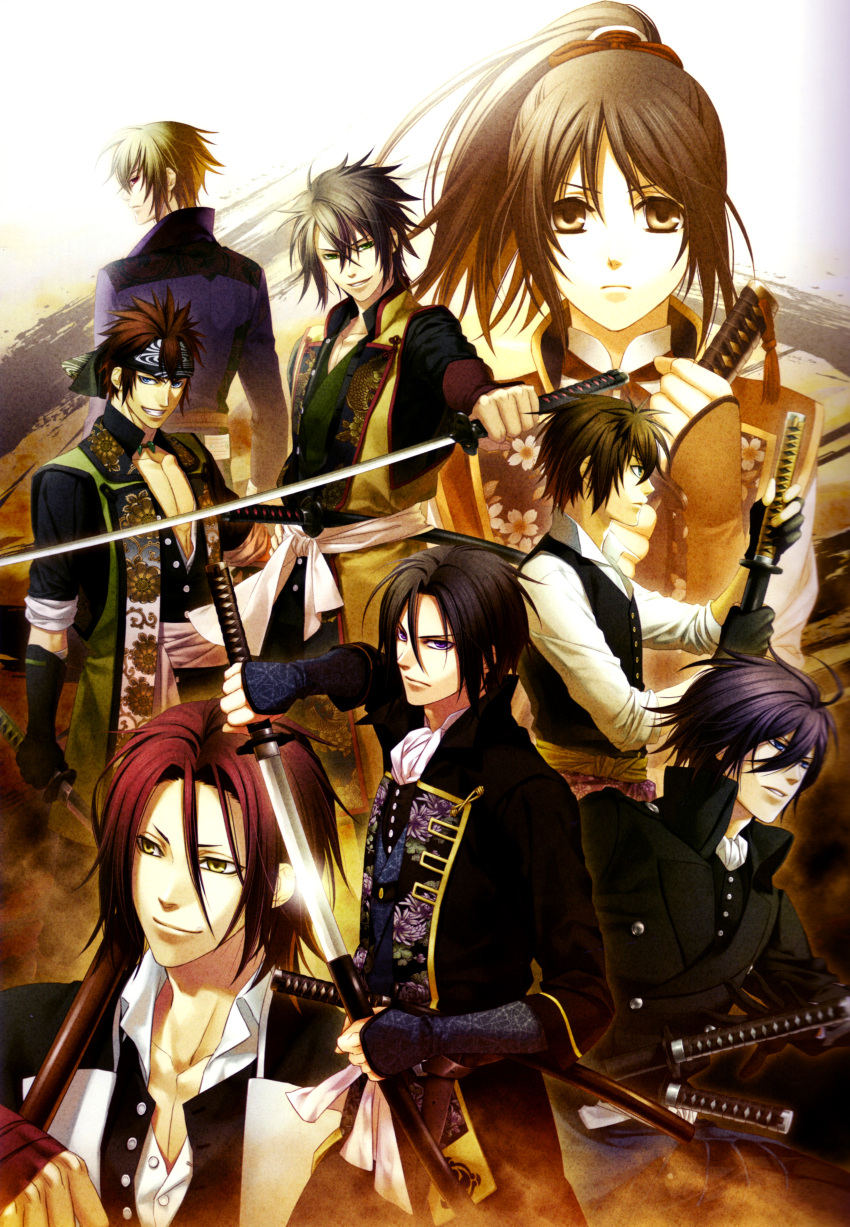 black_hair chikage_kazama hakuouki_shinsengumi_kitan harada_sanosuke hijikata_toshizou_(hakuouki) kazuki_yone nagakura_shinpachi okita_souji_(hakuouki) purple_eyes saitou_hajime_(hakuouki) toudou_heisuke yukimura_chizuru