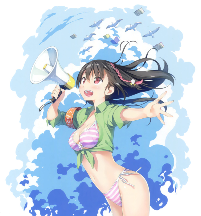 1girl :d armband bangs bikini black_hair breasts cleavage collared_shirt cowboy_shot crop_top cropped cropped_shirt eyebrows_visible_through_hair floating_hair front-tie_top green_shirt hair_between_eyes hands_up highres holding kantoku legs_together medium_breasts megaphone multicolored_hair navel open_mouth original outstretched_arm pink_eyes pink_hair scan shirt short_sleeves side-tie_bikini sleeves_rolled_up smile solo standing stomach streaked_hair striped striped_bikini swimsuit two-tone_hair upper_teeth wind