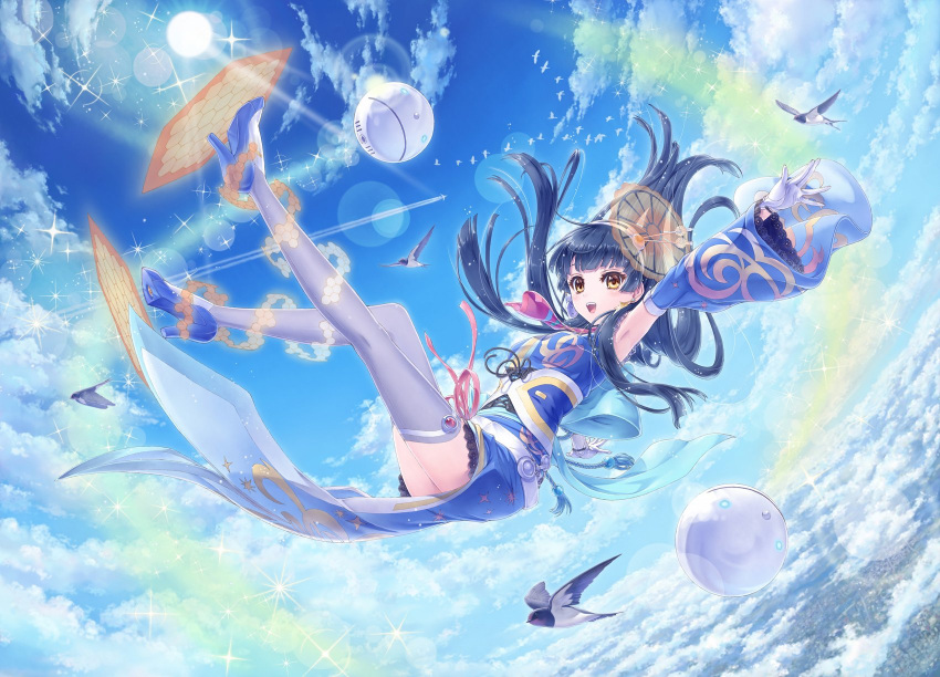 1girl :d bird black_hair blue_dress blue_shoes clouds cloudy_sky day dress floating_hair grey_legwear hair_ornament high_heels highres long_hair necktie open_mouth original outdoors outstretched_arms pink_necktie pink_ribbon ribbon shoes sky smile solo sun taue_shunsuke thigh-highs very_long_hair yellow_eyes