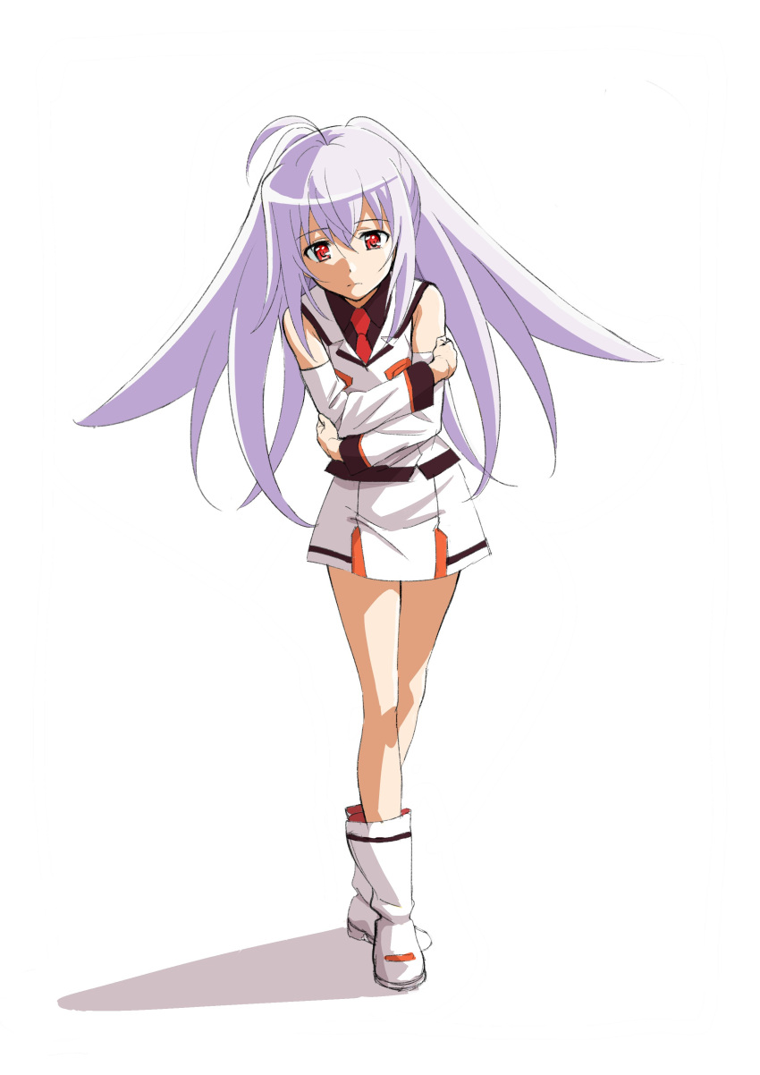 10s 1girl absurdres ahoge black_shirt crossed_arms detached_sleeves eyebrows_visible_through_hair full_body hair_between_eyes highres isla_(plastic_memories) jacket leaning_forward long_hair miniskirt necktie plastic_memories pleated_skirt red_eyes red_necktie shirt silver_hair simple_background sketch skirt sleeveless sleeveless_jacket sleeveless_shirt solo standing uniform very_long_hair white_background white_jacket white_skirt yamazaki_jun