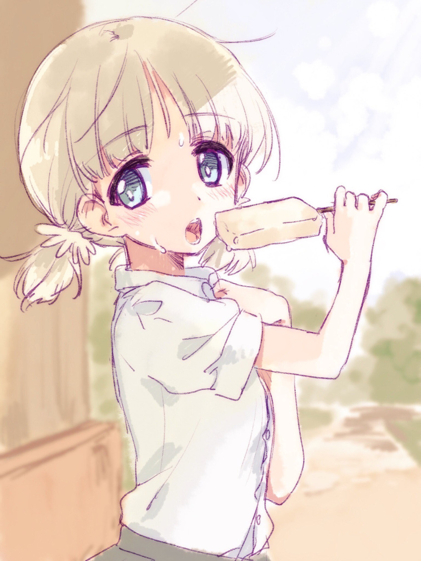 1girl aki_(girls_und_panzer) commentary_request food girls_und_panzer green_eyes highres kuroi_mimei light_brown_hair popsicle shirt short_hair short_twintails solo sweat twintails white_shirt