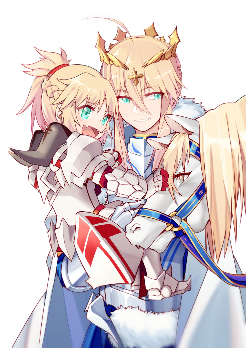 2girls absurdres artoria_pendragon_lancer_(fate/grand_order) bangs braid carrying cloak crown eyebrows_visible_through_hair fangs fate/apocrypha fate_(series) fur_collar gauntlets green_eyes half_updo highres horse light_smile multiple_girls open_mouth parted_lips petting ponytail saber saber_of_red sidelocks simple_background smile white_background yorukun