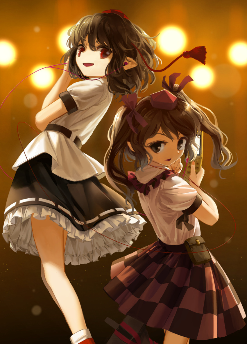 2girls black_hair brown_eyes brown_hair cellphone earphones earphones flip_phone hat highres himekaidou_hatate long_hair looking_at_viewer multiple_girls phone pointy_ears red_eyes shameimaru_aya short_hair skirt smile suna_(s73d) tokin_hat touhou twintails