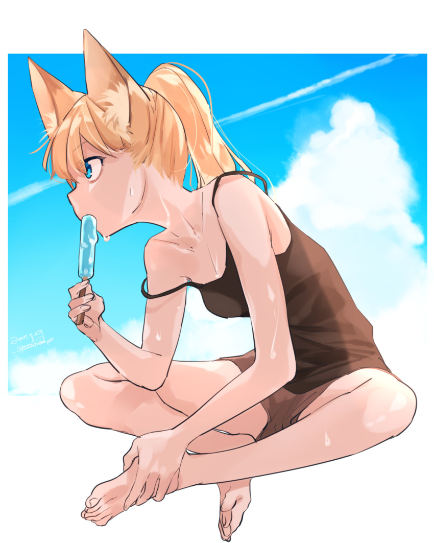 1girl animal_ears bare_arms bare_legs barefoot blonde_hair blue_eyes brown_shorts camisole eating food fox_ears full_body gotoh510 highres indian_style original ponytail popsicle profile short_shorts shorts sitting solo strap_slip sweat